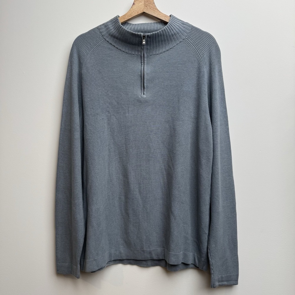 Tommy Bahama 1/4 Zip Men's Large Knit Sweater Gray Mock Neck Pullover Silk Blend